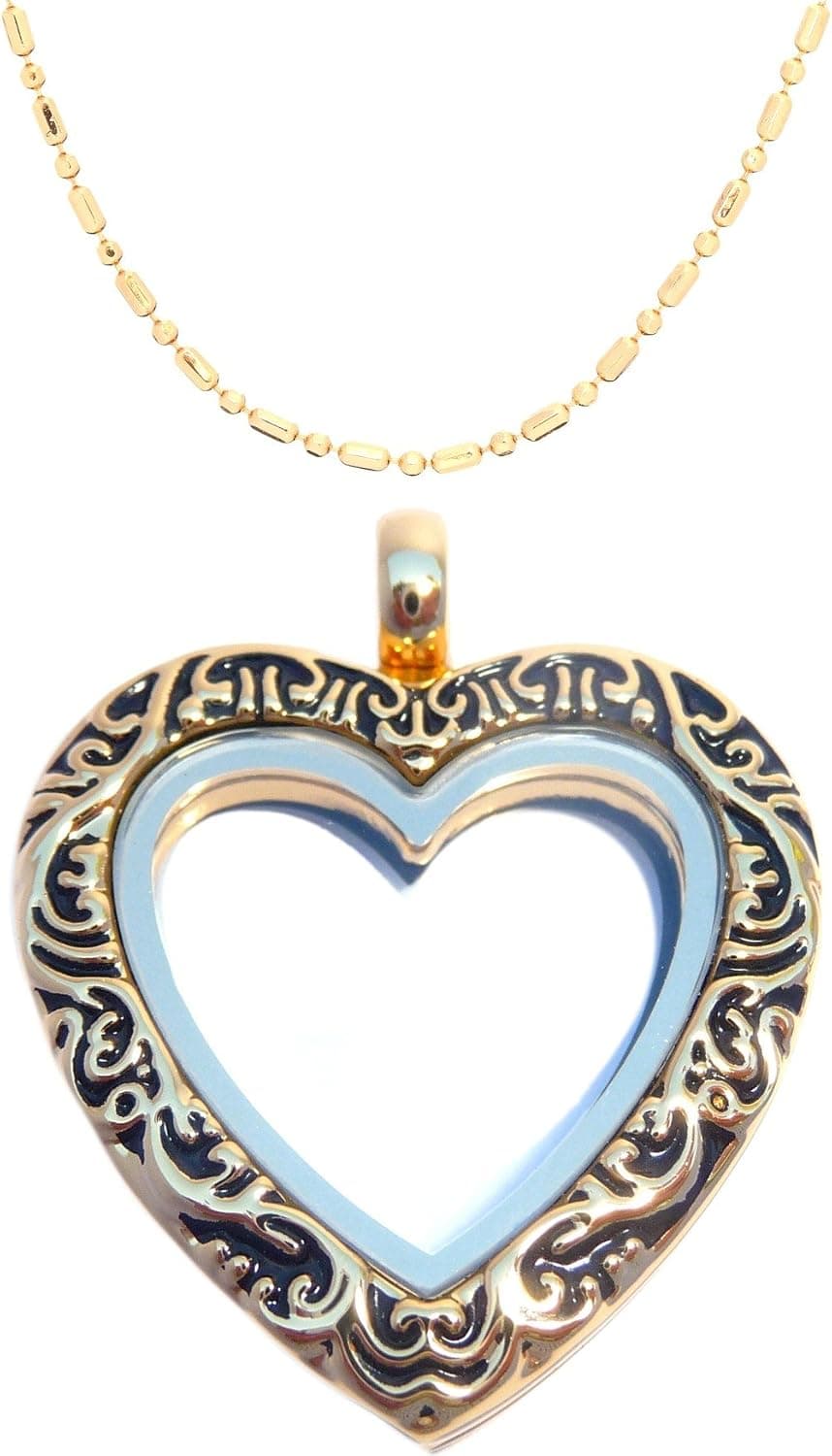 Gold Vintage Heart Floating Locket with Bamboo Chain