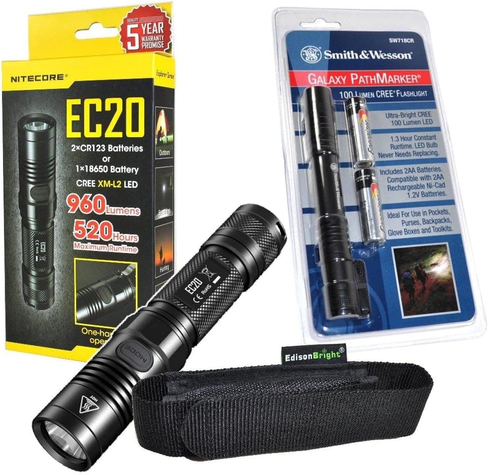 Nitecore EC20 960 Lumen CREE XM-L2 T6 LED Flashlight & Smith & Wesson PathMarker LED Flashlight with EdisonBright holster