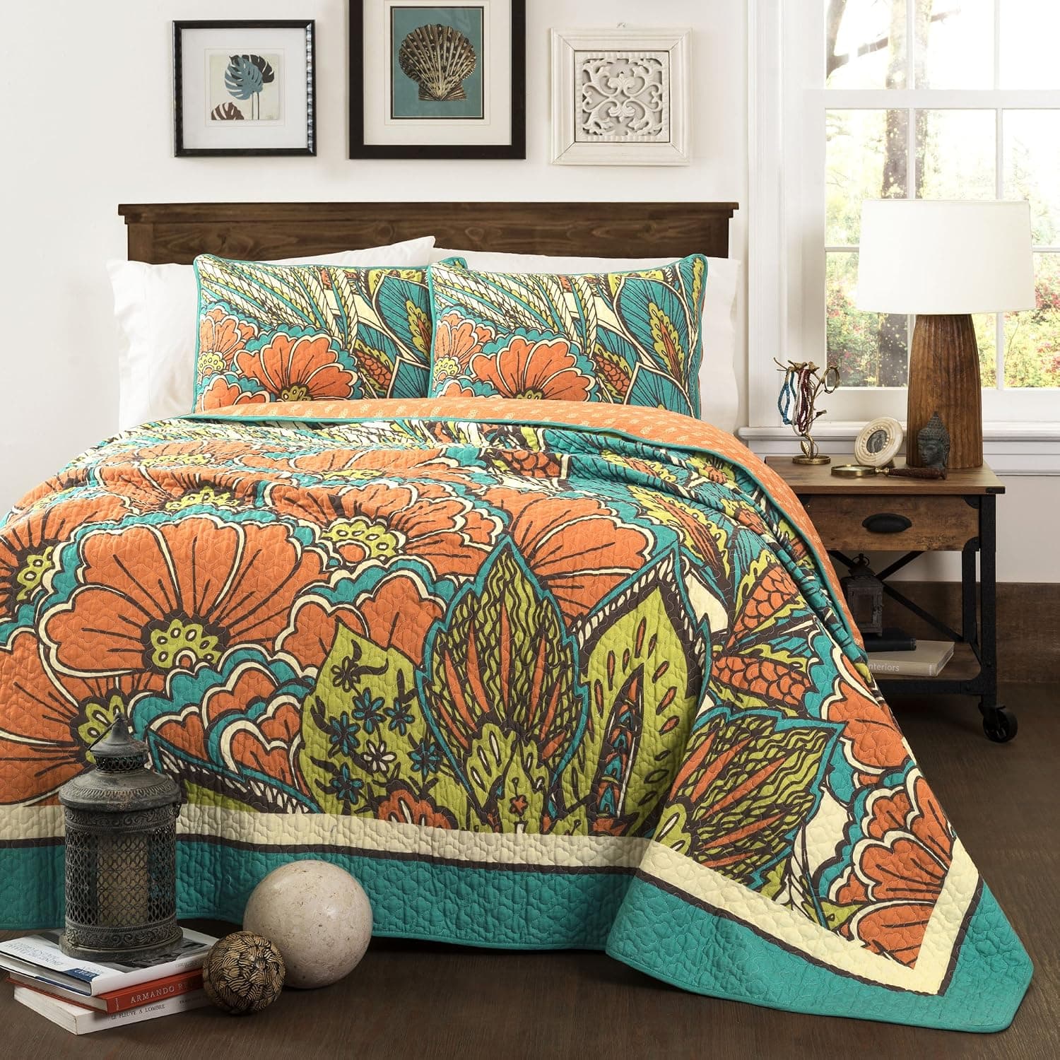 Lush Decor Elena 3 Piece Quilt Set, King, Turquoise/Orange