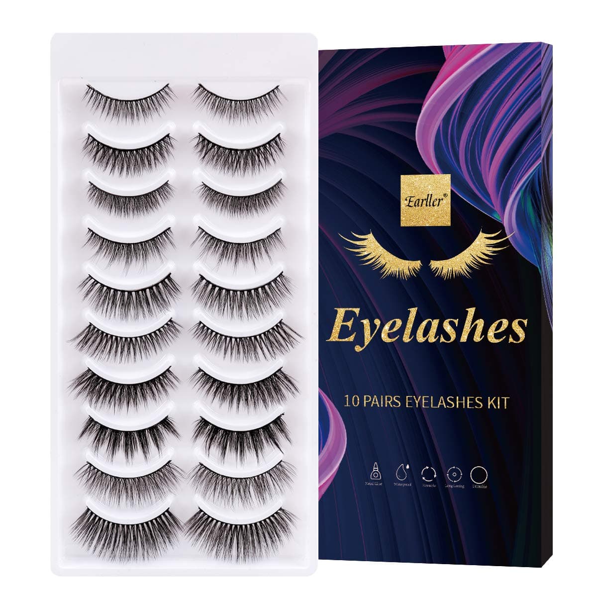 EARLLER 10 Pairs False Eyelashes Pack, 10 Styles of Mixed Mink Lashes, Reusable Handmade Makeup Lashes Set, Including 3D and 5D, Natural Look, Short and Long Lashes - Need Glue