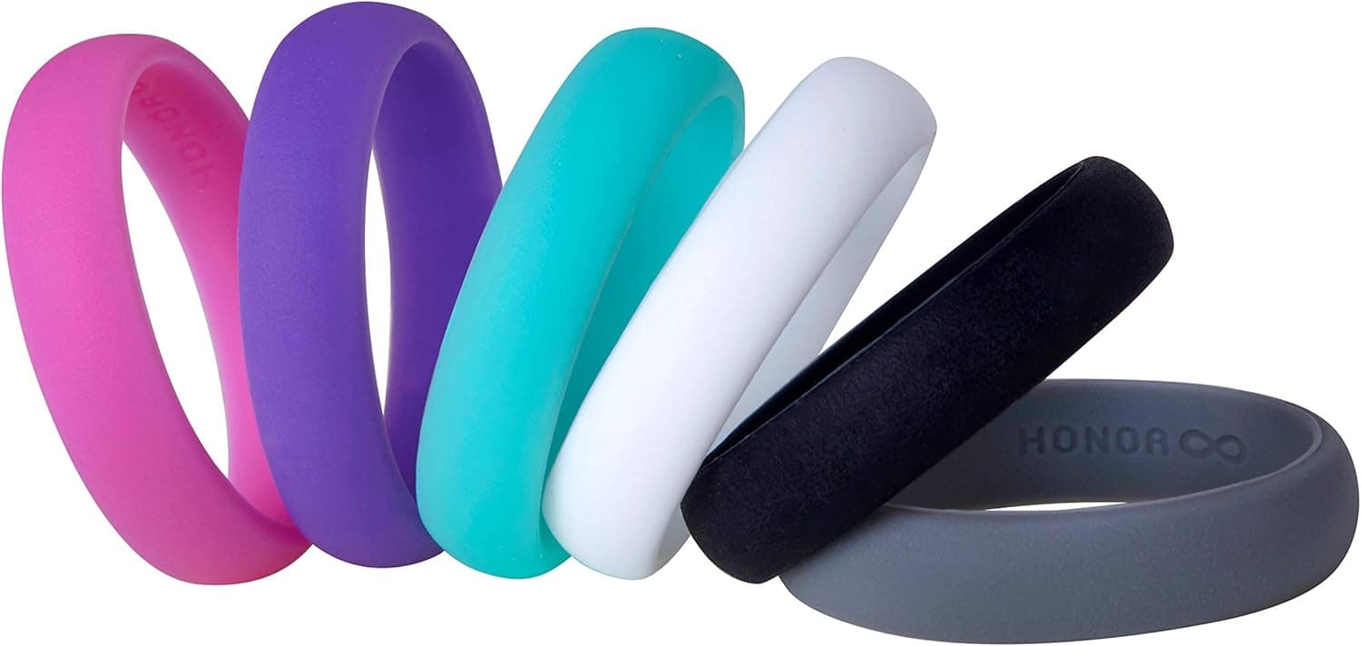 Womens Silicone Wedding Ring Band by HonorGear - 6 Ring Pack Premium Wedding Bands Engagement Active Athletes Comfort Fit