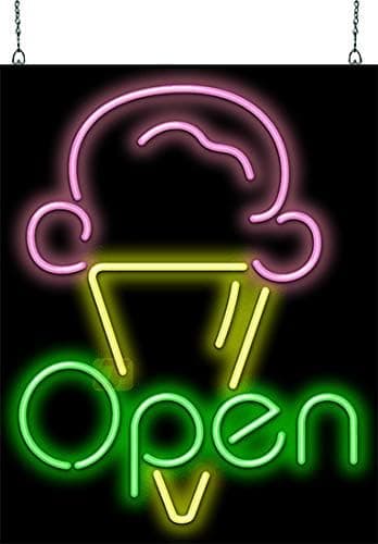 Ice Cream Open Neon Sign - 24" wide x 30" high - Real, Quality Hand Bent Neon - Green Letters with a Pink & Yellow Ice Cream Cone Graphic