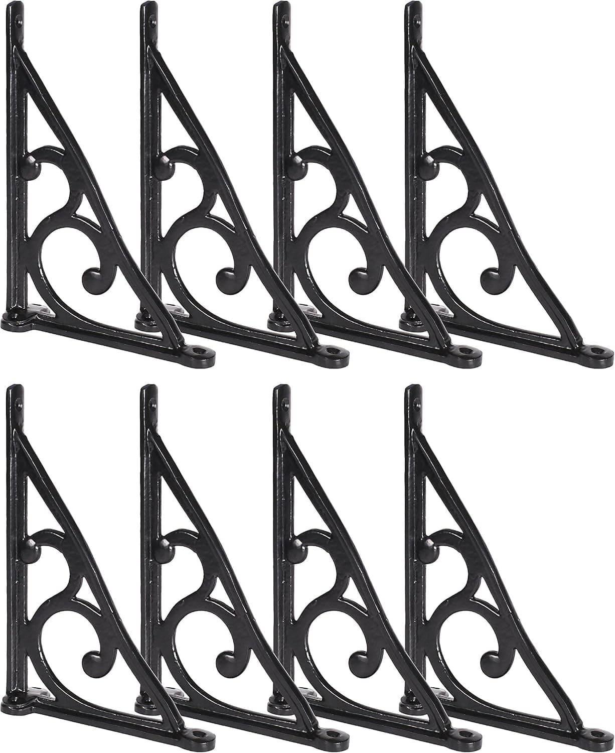 Ziolte Set of 8 Cast Iron Wall Shelf Brackets 7.5 inches, Ornate Pattern in Black Finish; Includes Mounting Hardware,Suitable for Walls, Clocks and Other Accessories