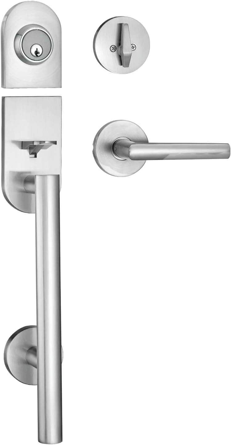 Berlin Modisch HandleSet Front Door Entry Handle and Deadbolt Lock Set Sleek Round Lever and Single Cylinder Deadbolt Heavy Duty - Satin Nickel Finish