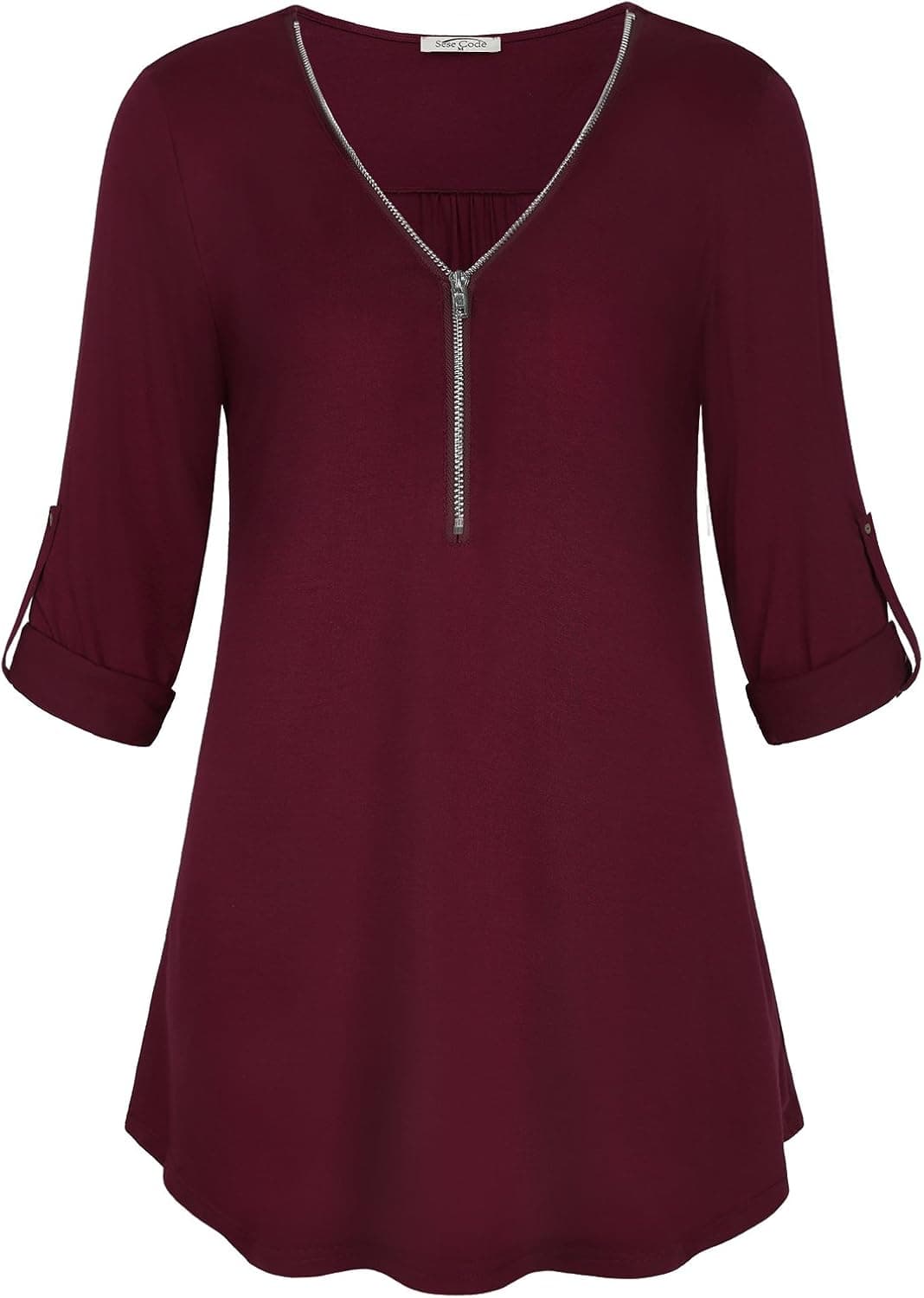 Tunic Shirt Women, SeSe Code Ladies Form-Fitting Flare Plain Long Sleeve Jersey Red With Roll Tabs Swing Tops Varsity Soft Surrouding Zip Up Sweater Fall Utility Lightweight Cute Trendy Blouses Wine M