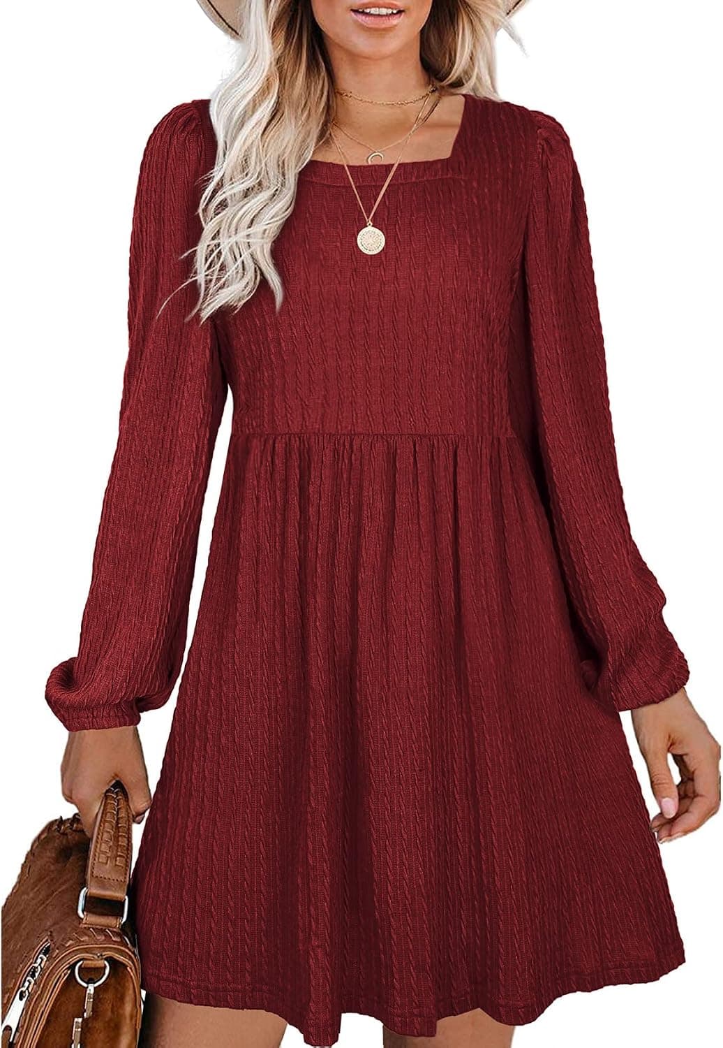 WEESO Womens Knit Dress Square Neck Long Sleeve Knee Length Babydoll Dresses
