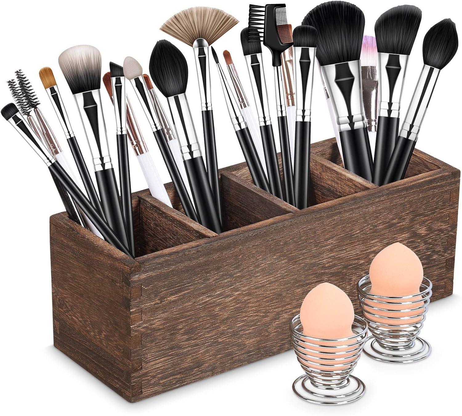 Wood Makeup Brush Holder Organizer with 2 Pcs Sponge Holder, Cosmetics Brush Organizer Storage 4 Slots, Vanity Countertop Organizer