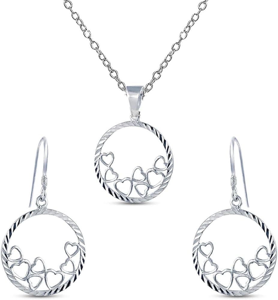 Charmsy Sterling Silver Jewelry Diamond-cut Multi Heart Disc Charm Pendant Earring Set for Teens Women