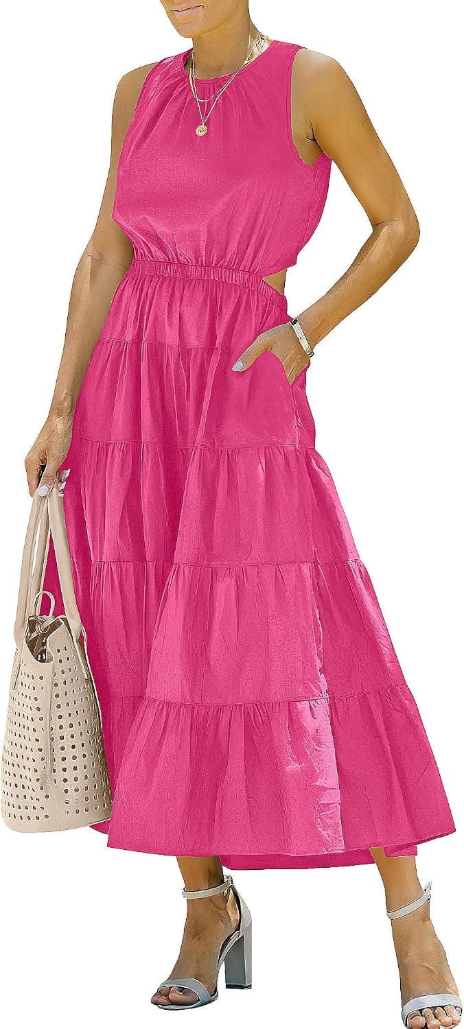 LOGENE Womens Summer Casual Sleeveless Solid Cut Out Long Dress Ruffle Tiered A-Line Flowy Swing Sundress