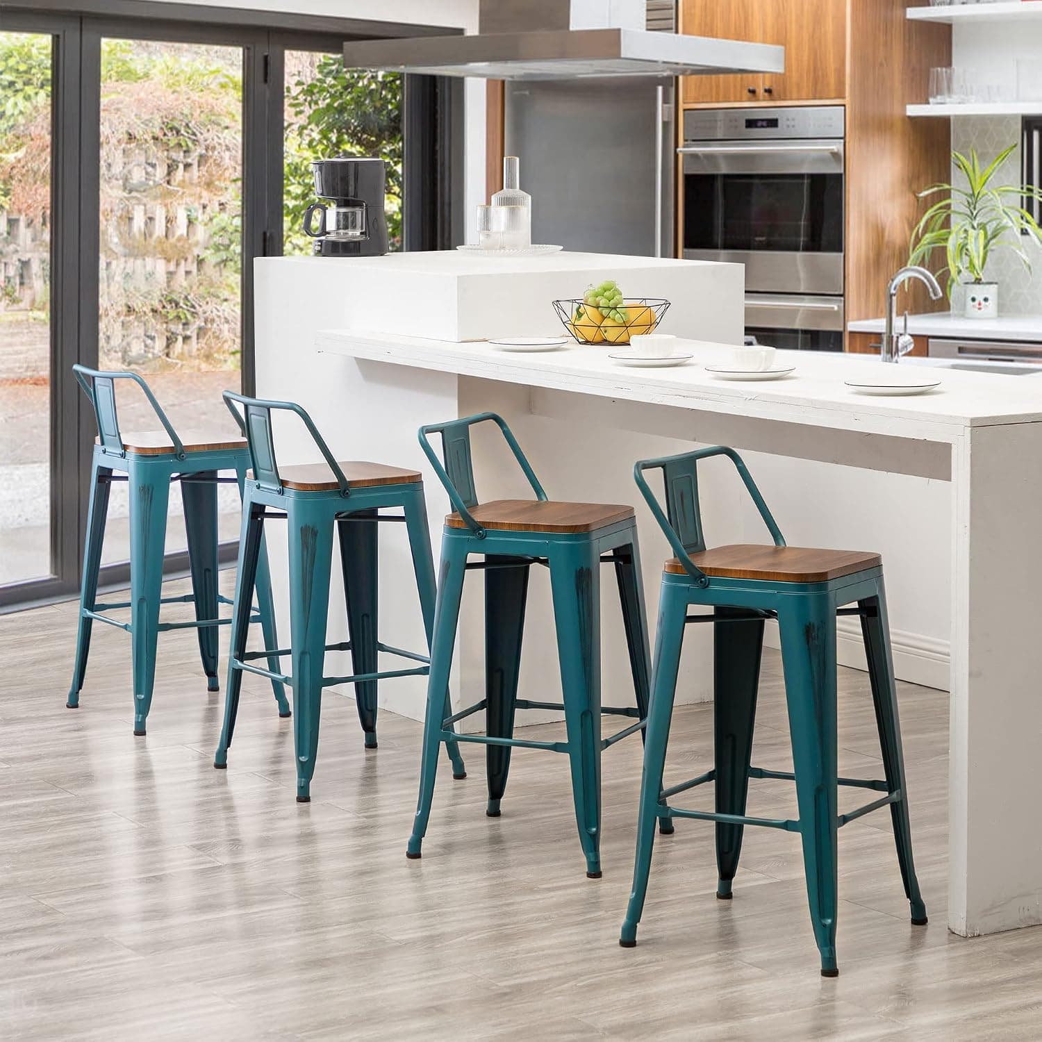 Andeworld Bar Stools Set of 4 Counter Height Stools Industrial Metal Barstools with Wooden Seats(24 Inch, Distressed Teal)