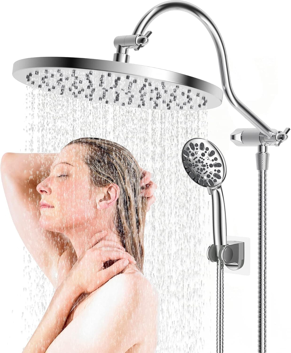 Hibbent 12 Inch Thickness Metal Rainfall Shower Head/Handheld Showerhead Combo with 12 Inch Adjustable Curved Shower Extension Arm, 7-Spray, 71 Inch Hose, Adhesive Showerhead Holder, Chrome