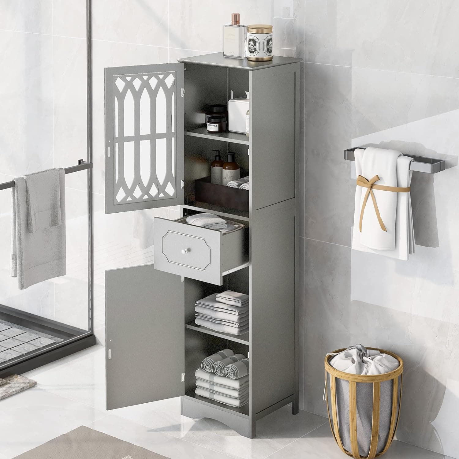 Merax Slim Tall Bathroom Storage Cabinet with Adjustable Shelf, Drawer and 2 Doors, Freestanding Linen Tower, 16.5" L x 14.2''W x 63.8''H, Grey