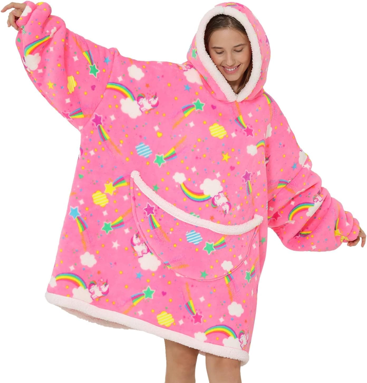 Wearable Blanket Hoodie Oversized Hooded Blanket for Adult Women Super Soft Comfortable Warm Flannel with Giant Pocket and Sleeves Rainbow Horse