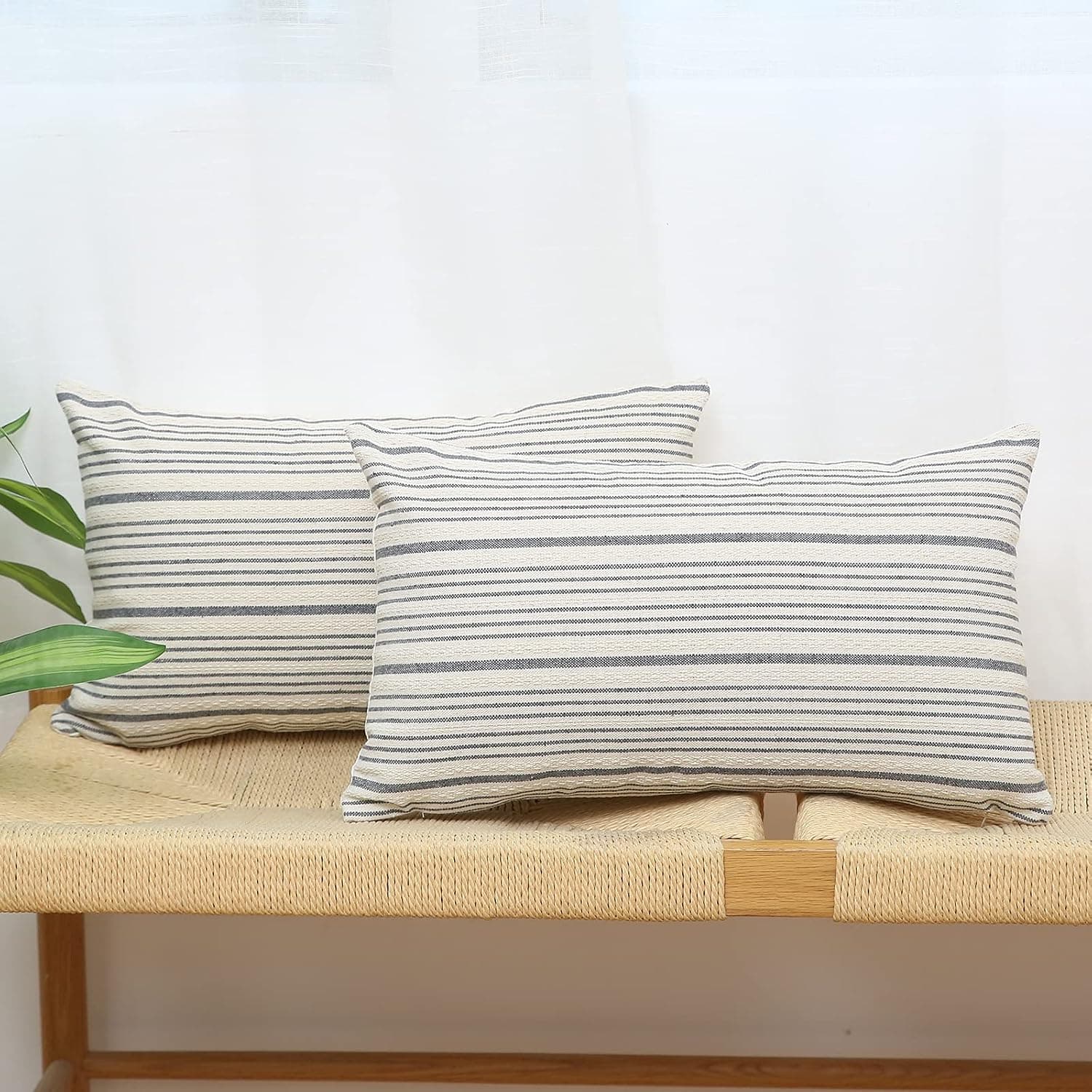 Kiuree Grey and Cream Farmhouse Throw Pillow Covers 12 x 20, Modern Accent Square Decorative Pillow Case, Set of 2 Stripes Textured Linen Throw Pillow Case for Sofa Couch Chair Bedroom(Grey)