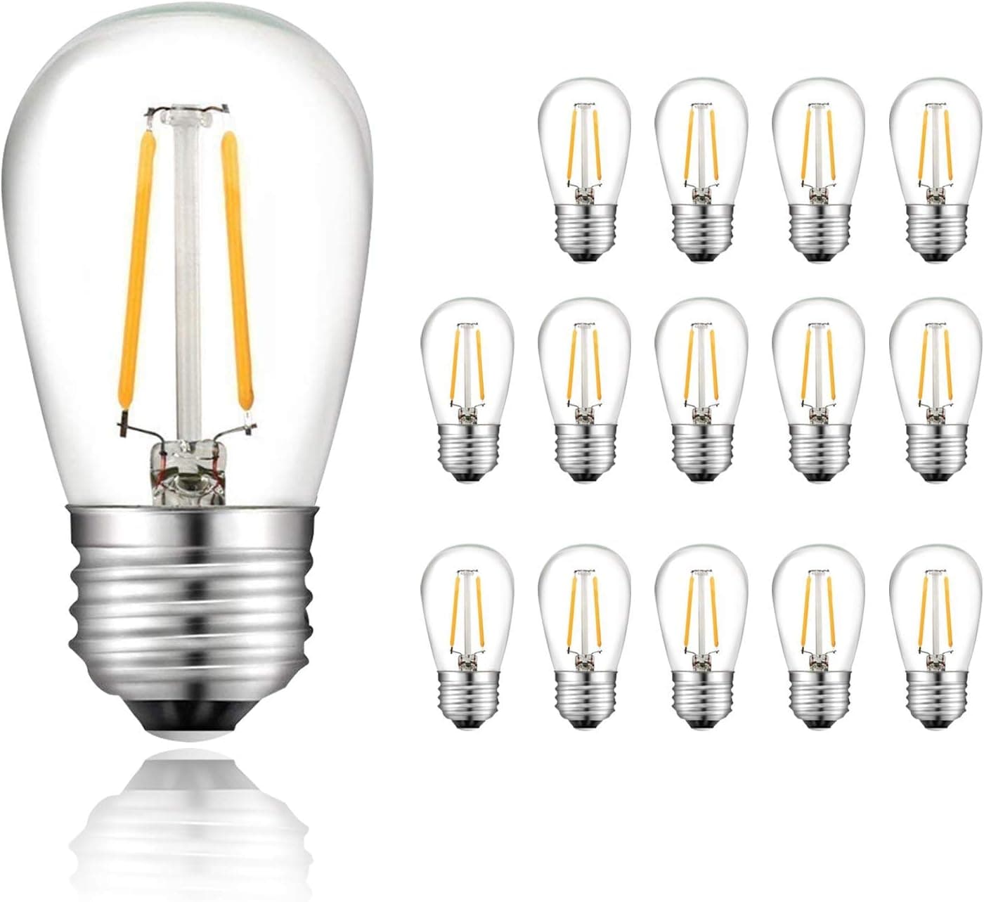 S14 LED String Lights Replacement Bulb E26 Base Warm White 2700K 2W Equivalent 20W Incandescent Bulb Vintage Filament Glass Bulbs 360 Grad Beam Angle Non-Dimmable 15 Pack