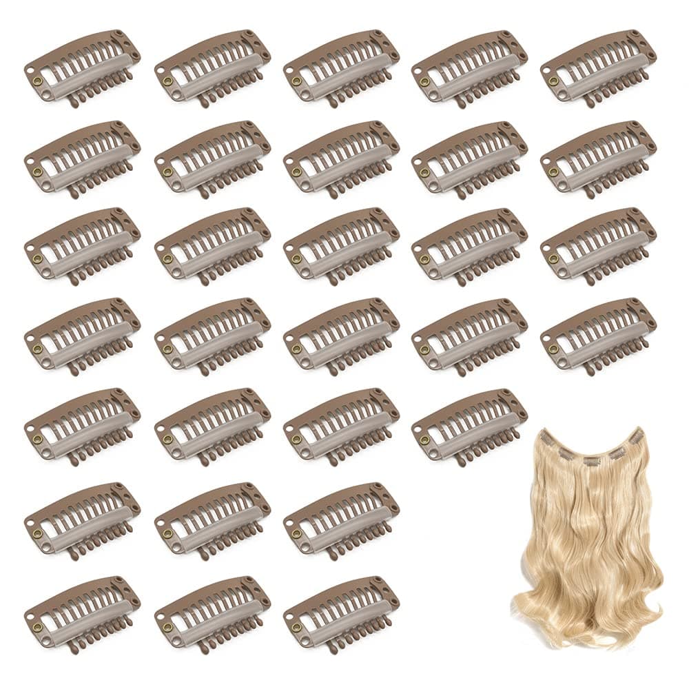 Dreamlover Hair Extension Clips, Wig Clips to Secure Wig, Brown, 9 Teeth, 30 Pieces