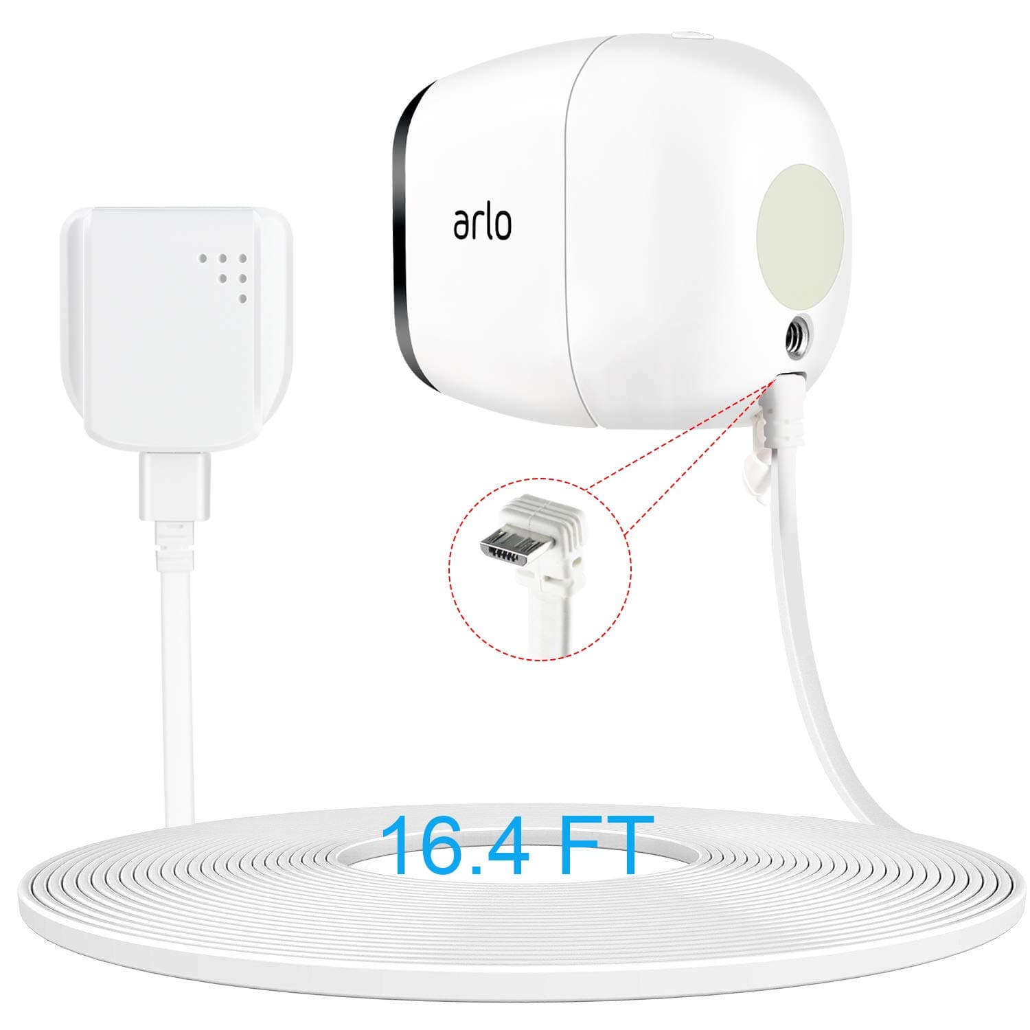 16.4FT Arlo Pro Power Adapter and Charging Cable, Outdoor Power Cable and Quick Charge 3.0 Charging Adapter Compatible for Arlo Pro and Pro 2, Arlo GO, Other Home Camera (Micro USB), 1 Set, White