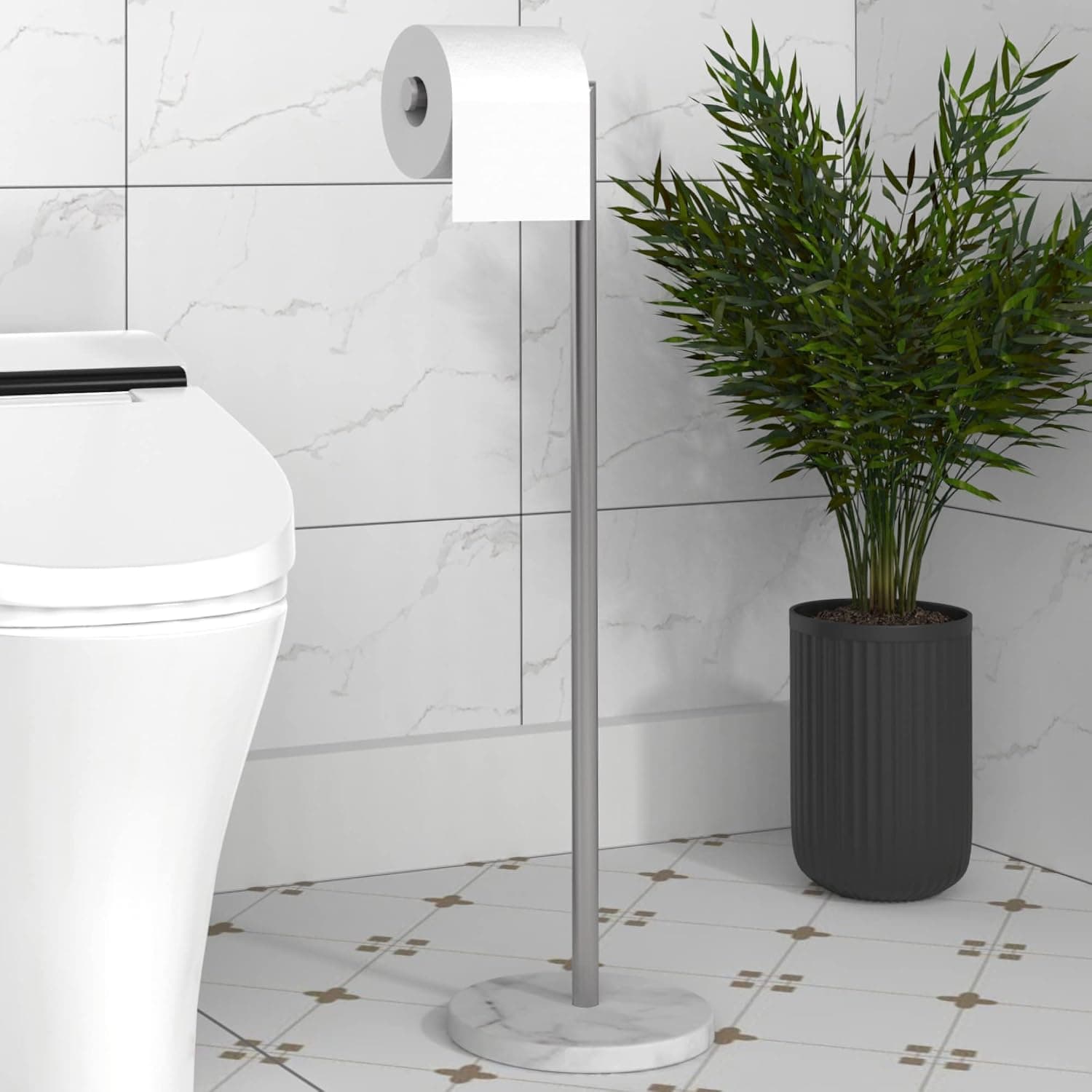 HITSLAM Brushed Nickel Toilet Paper Holder Stand with Modern Marble Base, SUS304 Stainless Steel Free Standing Toilet Paper Holder,Freestanding Tissue Roll Stand for Bathroom