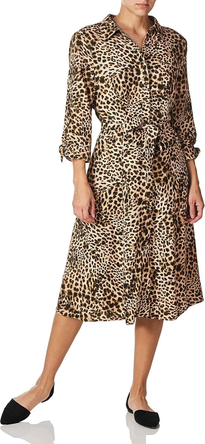 Calvin Klein Women's Three Quarter Sleeved Midi Shirt Dress with Self Belt