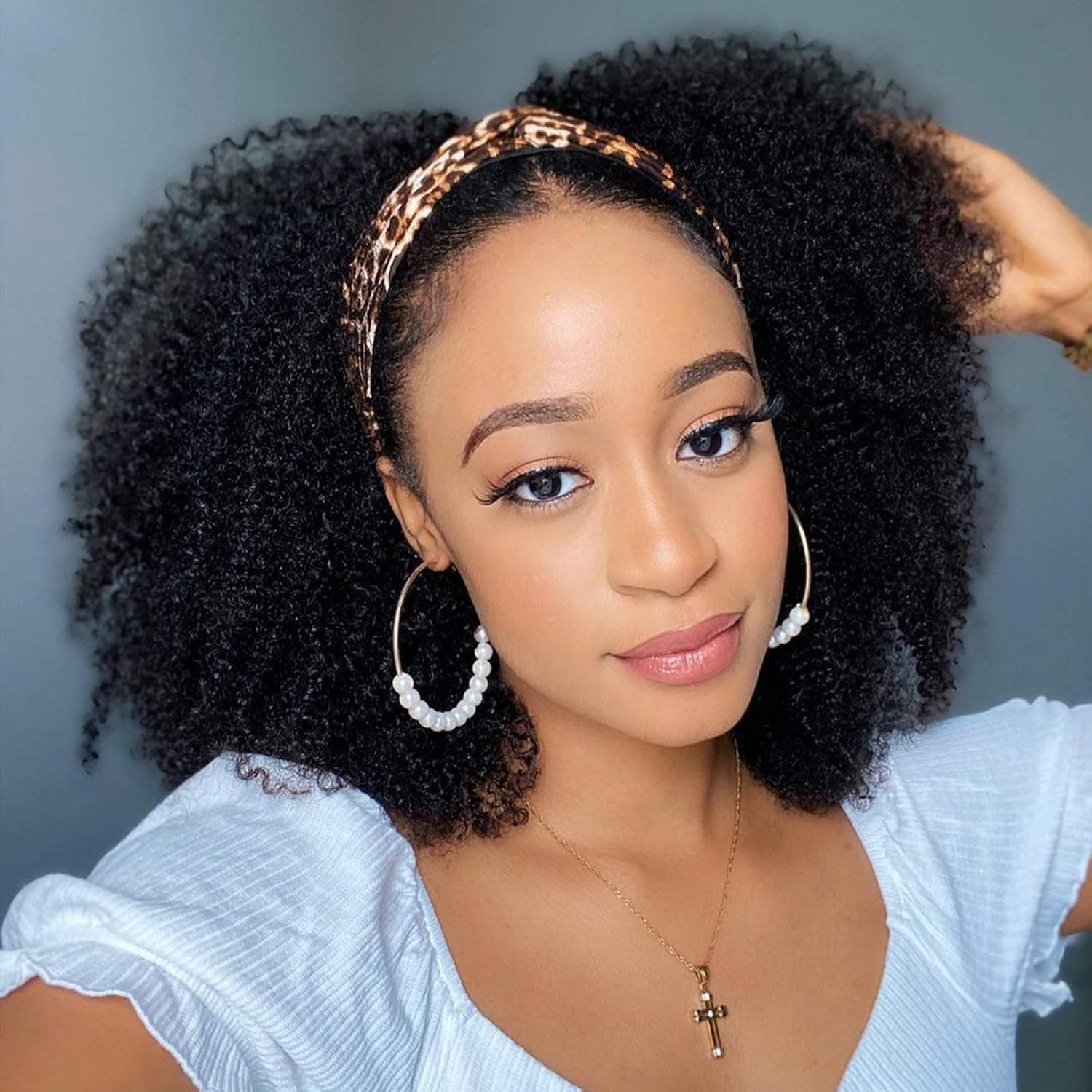 Ysdidwigs Headband Wig Kinky Curly None Lace Front Wigs Brizilian Virgin Hair Machine Made Human Hair Curly Wigs for Black Women 150% Density Natural Color 18 inch
