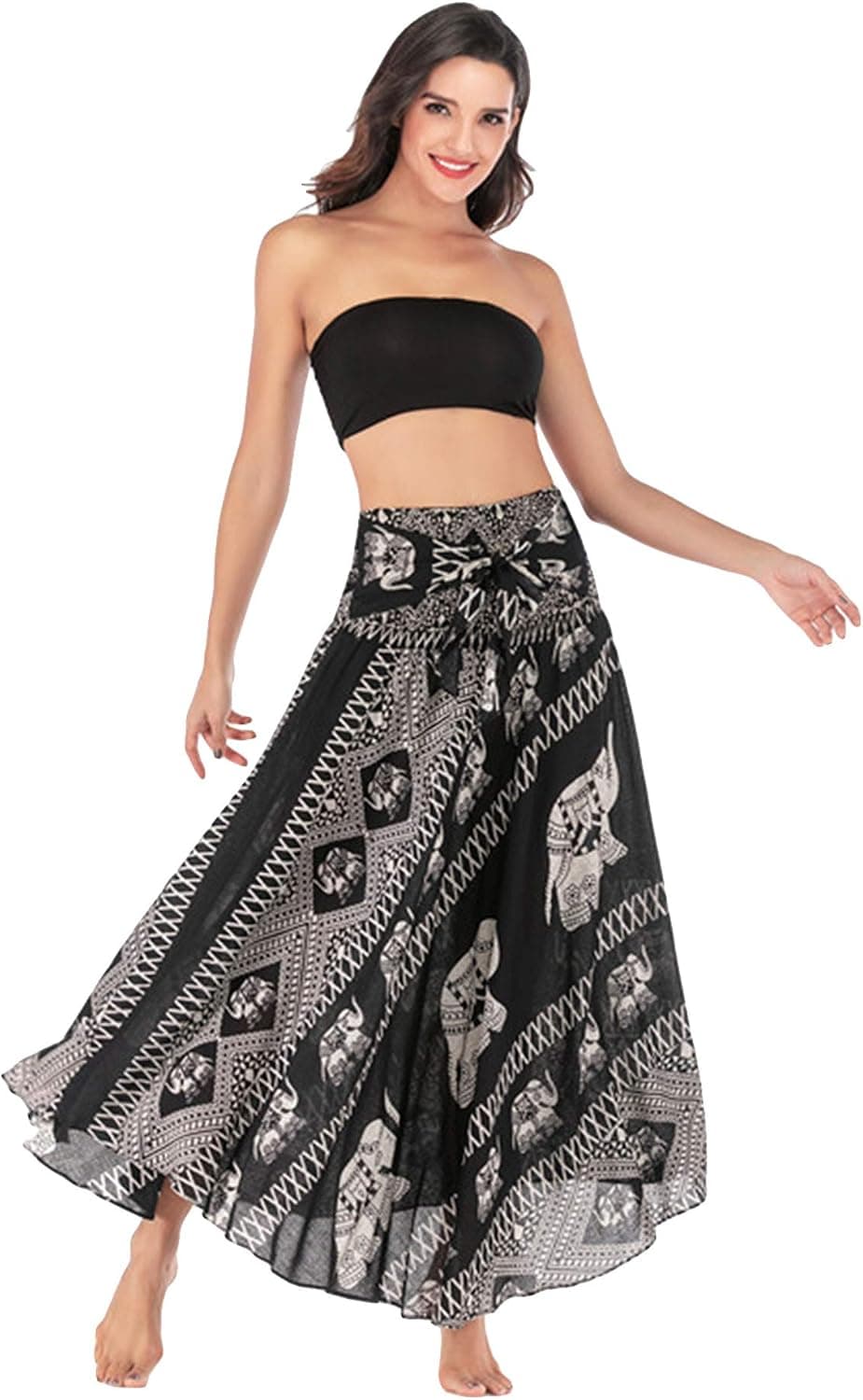 OMZIN 2 in 1 Bohemian Maxi Dress Waist Adjustable Asymmetric Hem Design Hippie Skirt
