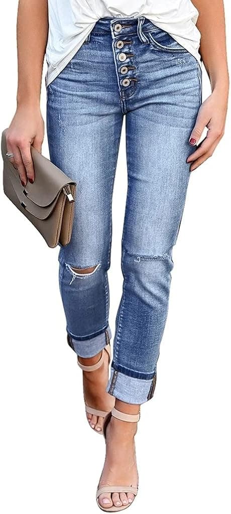 BZB Women's Ripped Skinny Jeans Rolled Hem Button Up Classic Long Jeans Denim Pants