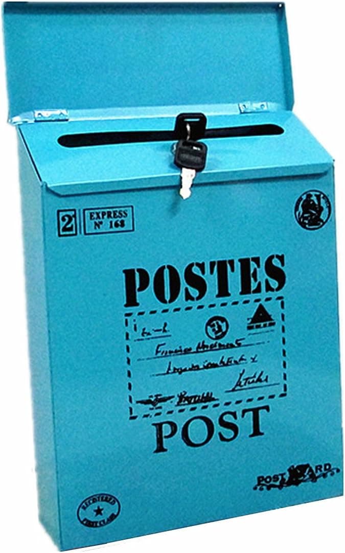Doitb Vintage Iron Outside Wall Mount Post Box Mailbox with Lock Letterbox Photography Props Mural Wedding Bar Cafe Window Display Outdoor Mailboxes Home Decoration 30x24x6cm Blue