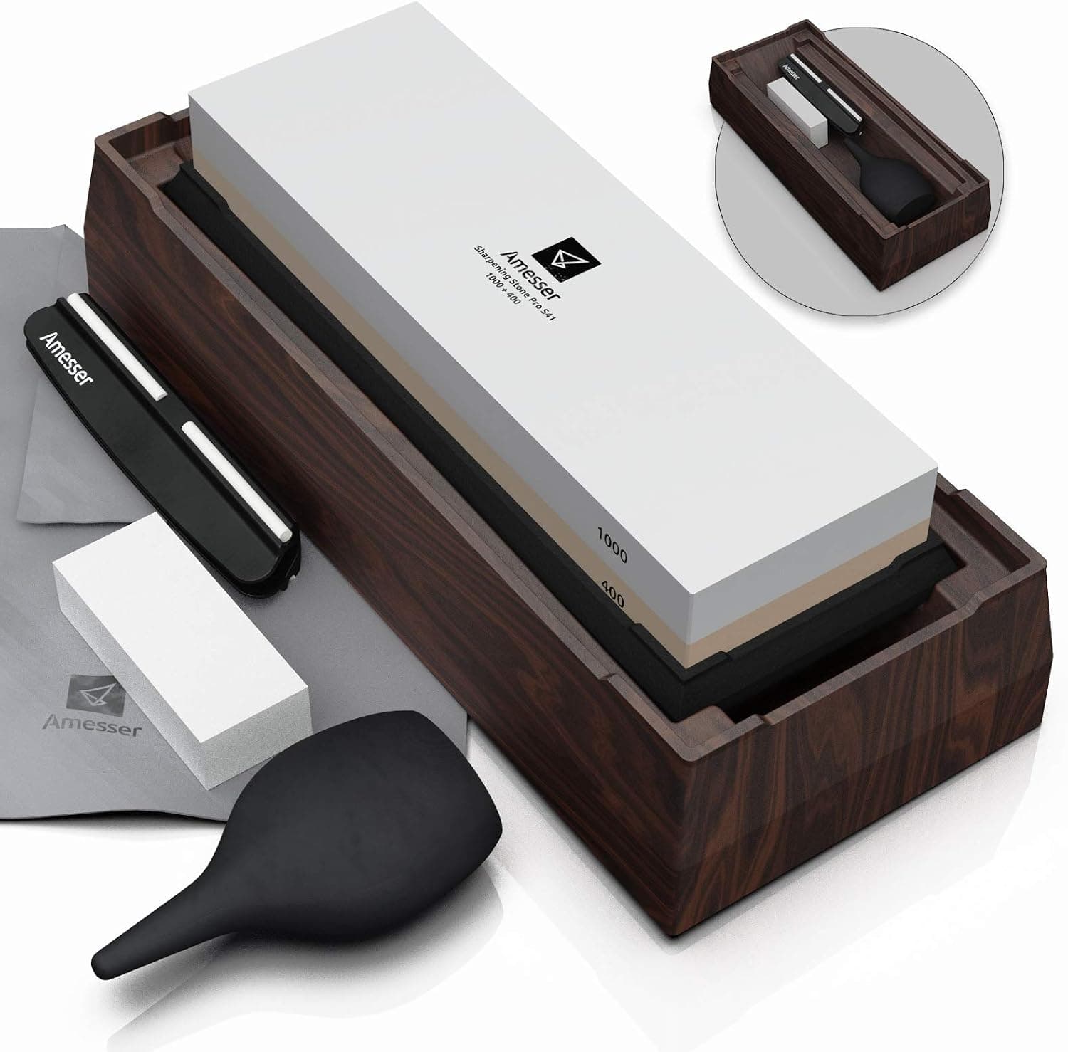 Amesser Premium Whetstone Knife Sharpening Stone 2 Side Grit 400/1000 Waterstone- Whetstone Knife Sharpener- Professional Kitchen Stone Kit- Best Sharping Knives- NonSlip Bamboo Base & Angle Guide