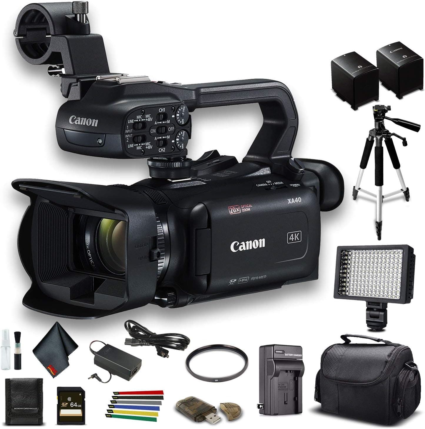 Canon XA40 Professional UHD 4K Camcorder (3666C002) W/Extra Battery, Soft Padded Bag, 64GB Memory Card, LED Light, UV Filter, Tripod + More Starter Bundle