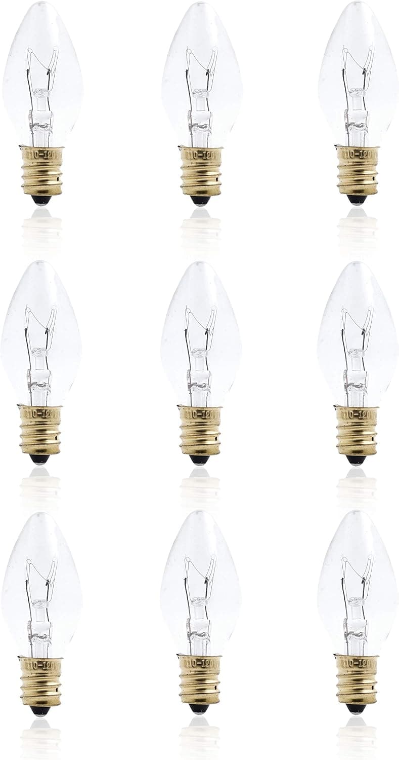 Mandala Crafts Night Light Bulb with Candelabra E12 Base - C7 7-Watt 120V Small Clear Glass Salt Lamp Chandelier Candle Replacement Incandescent Lightbulb Pack of 9 7 Watt
