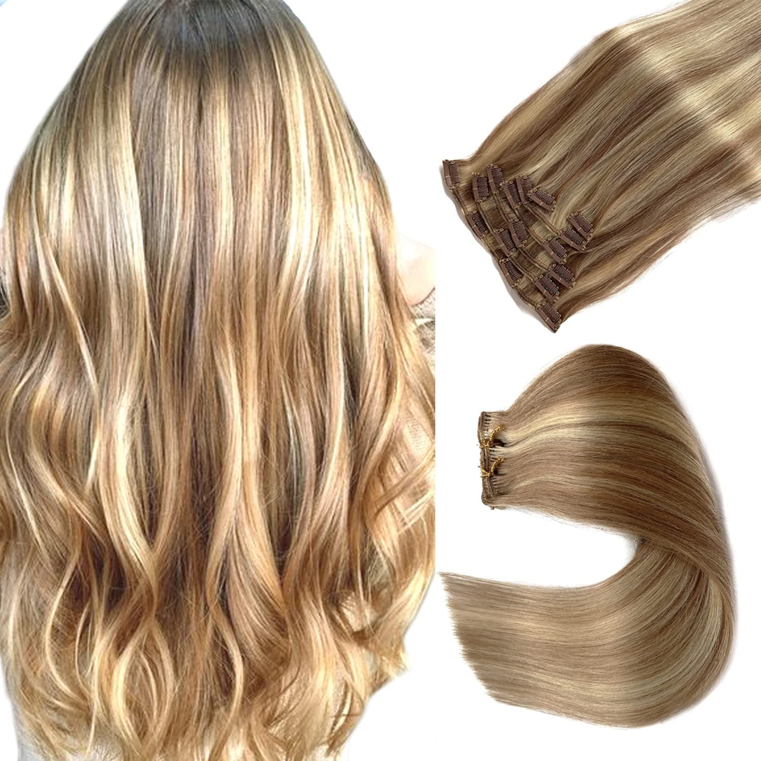Clip in Hair Extensions Real Human Hair Clip in Extensions,15 Inch Golden Brown and Blonde Highlights Real Hair Extensions Clip in Human Hair 70G 7 Pieces Double Weft Hair Extensions Remy Human Hair
