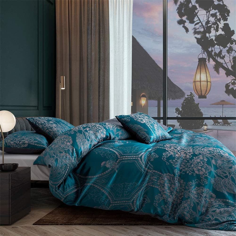 Nayoroom Satin Silk Duvet Cover Queen Size Luxury Blue Grey Embroidered Jacquard Bedding Sets Soft Microfiber Boho Paisley Quilt Covers with Zipper Ties No Comforter