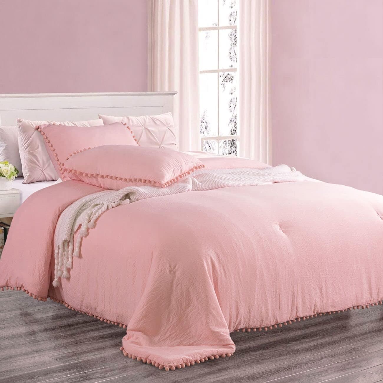 SexyTown Light Pink Pom Poms King Comforter Set, Lightweight Bohemian Boho Chic Bedding Comforter,Aesthetic Cute Soft Washed Summer Bedroom Home Bedding 1 Pom Pink Comforter 2 Pompom Pillowcases