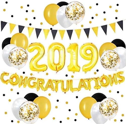 32inch Black and Gold Congratulations 2019 Balloons Banner and Paper Flags Garland for 2019 Graduation Party Decorations and Supplies