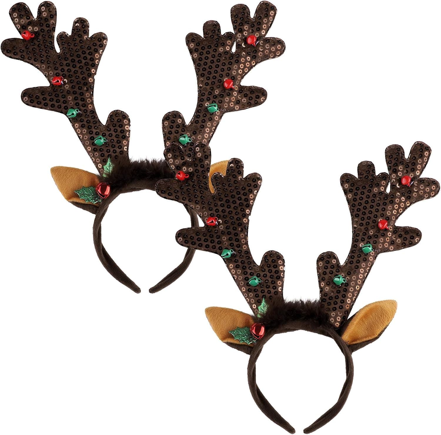 ADXCO 2 Pack Reindeer Antlers Headwear Ornaments Brown Christmas Headband with Jingle Bells for Young People and Adults