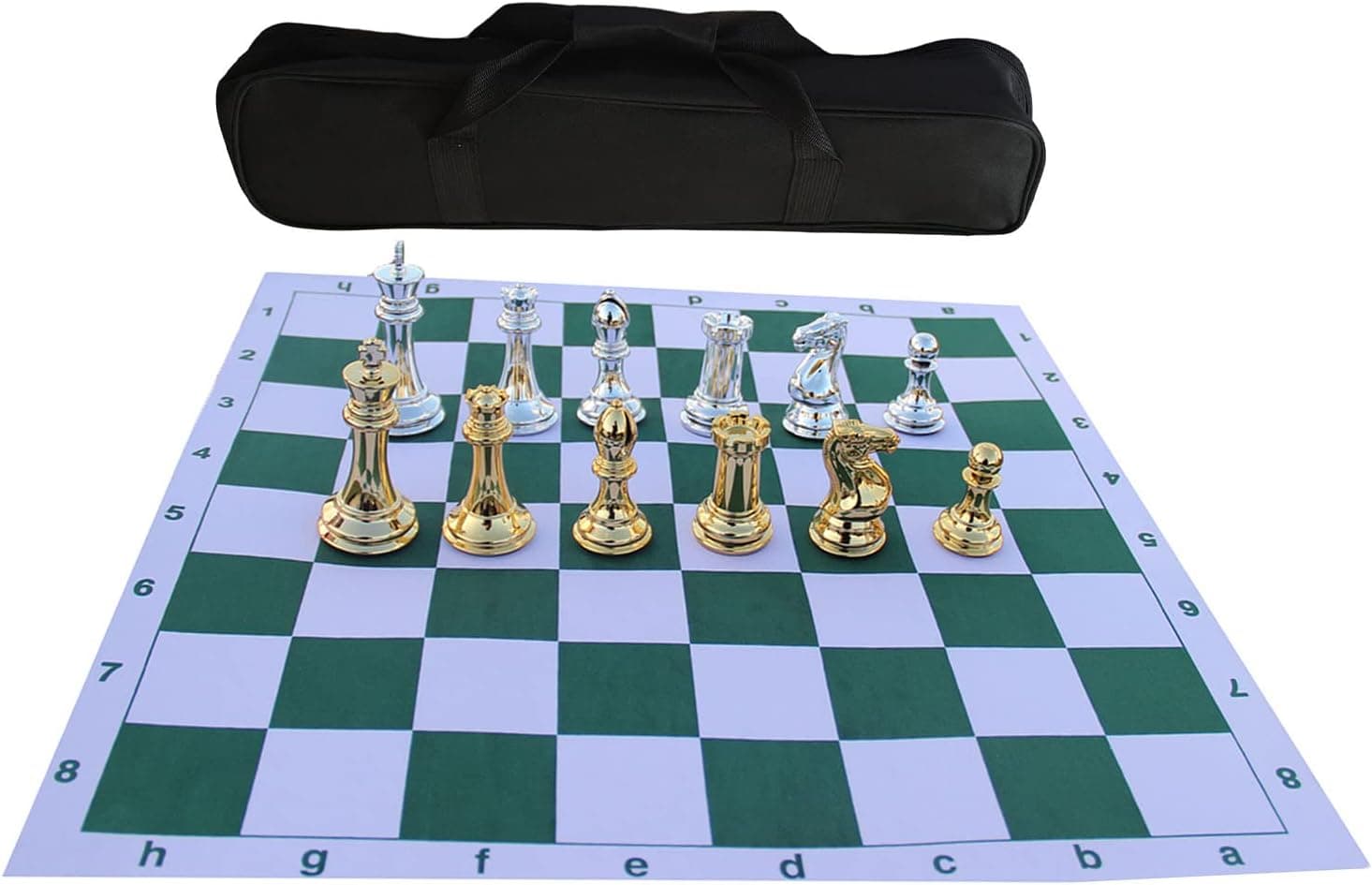 BOYISUNG Tournament Chess Set Staunton Gold Silver Pieces(king4.18) 20"x20"in Rubber&Cloth Foldable Board（Thickened 0.13in） Easy for Packing and Traveling Classic Plastic Green Board Thick Bag C3