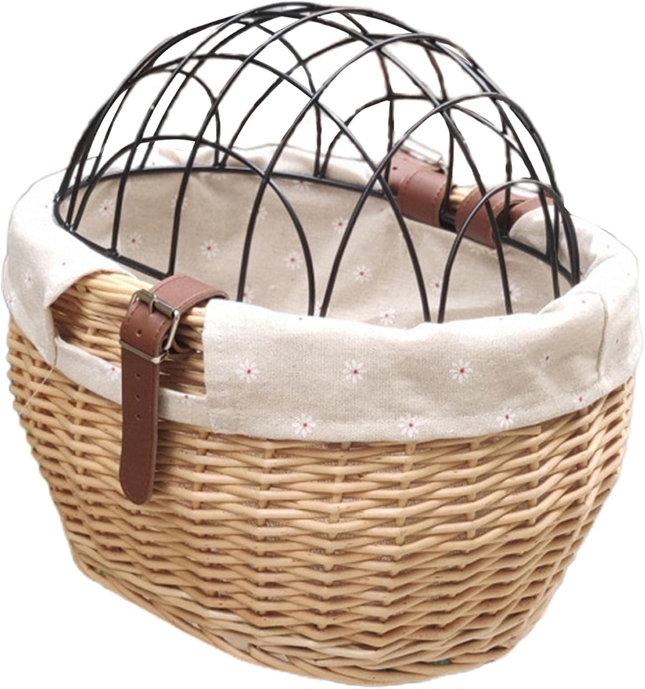 Shiker Bicycle Basket with Wire Mesh Cover, Wicker Bike Basket for Small Dogs Cats, Front Handlebar Bike Basket, Easy to Detachable, 11.81 x 9.84 inch
