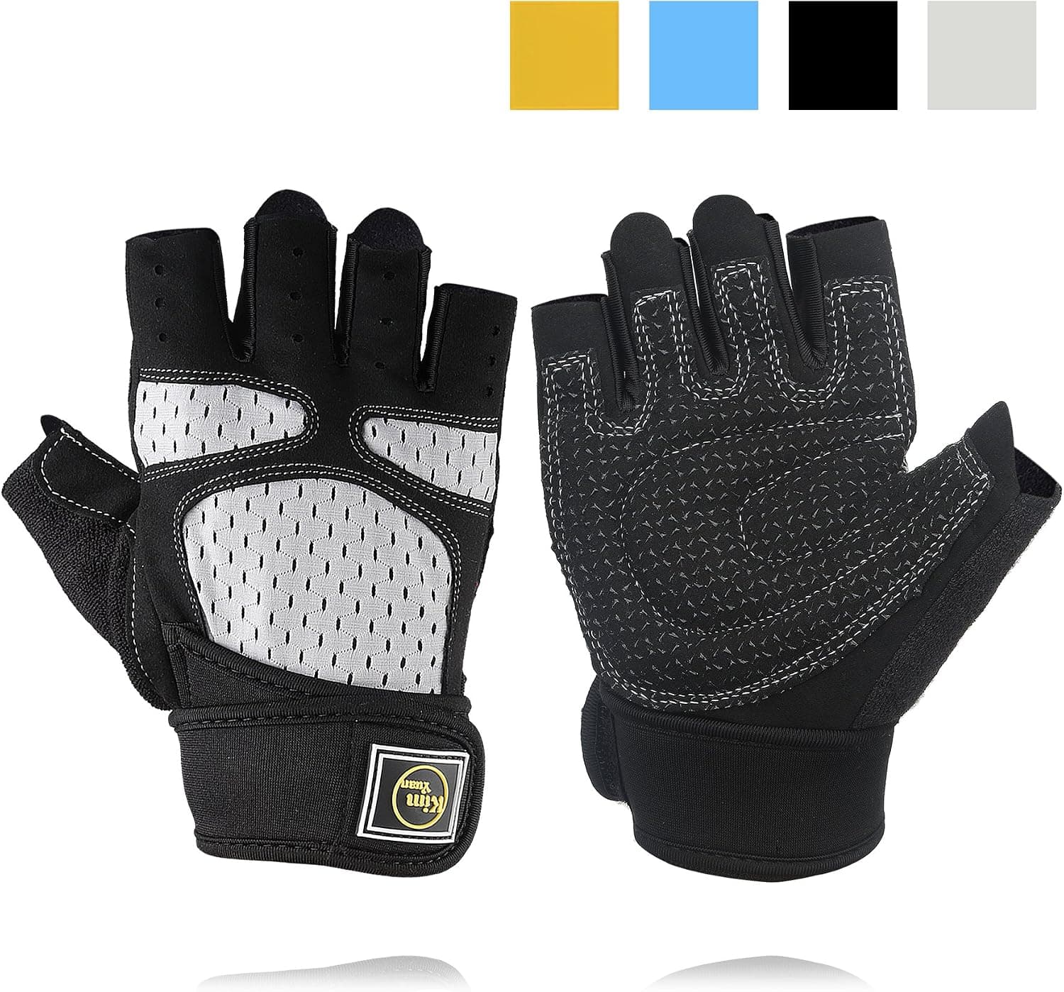 Kim Yuan Weight Lifting Gloves with Wrist Wrap Support & Full Palm Protection，for Gym Powerlifting, Weight/Cross Training, Fitness, Exercise, Men & Women Silver-Grey