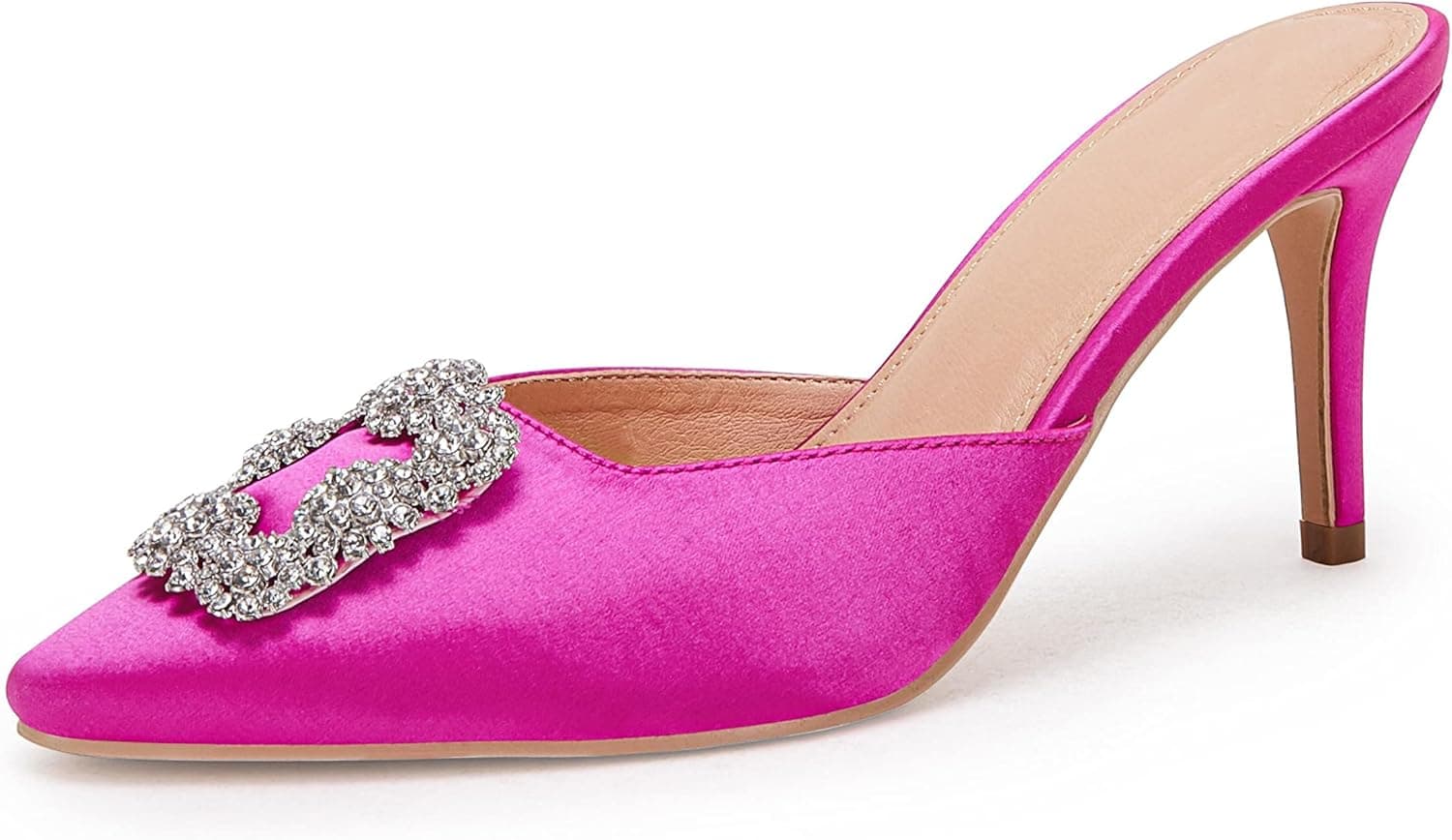 Coutgo Womens Pointed Toe Mule Sandals with Rhinestone Stiletto High Heel Bridal Evening Party Wedding Satin Dress Shoes