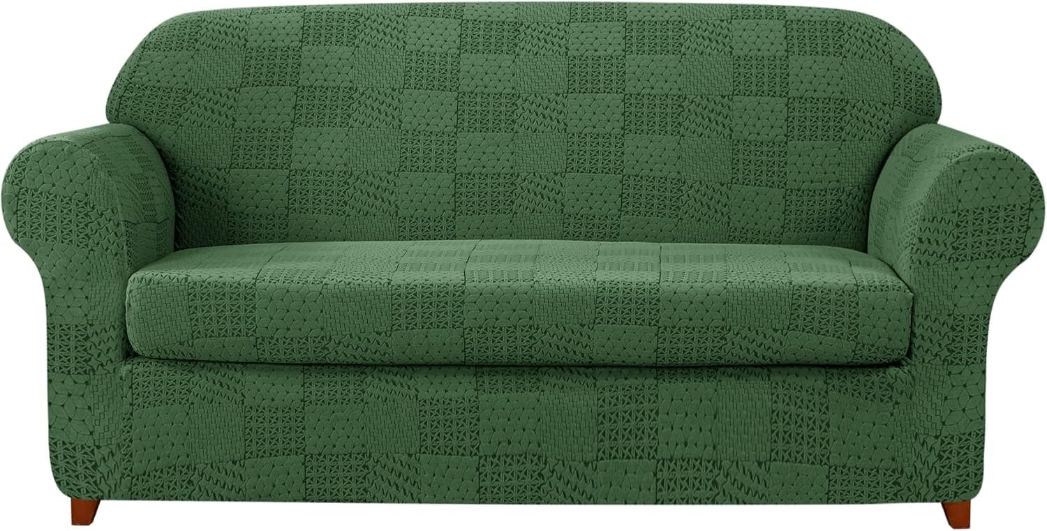 subrtex Stretch Sofa Couch Cover, 2-Piece Knit Sofa Slipcovers with Geometric Patchwork Pattern, Jacquard Design with Cushion Covers for Loveseat Washable Furniture Protector(Medium,Grass Green)