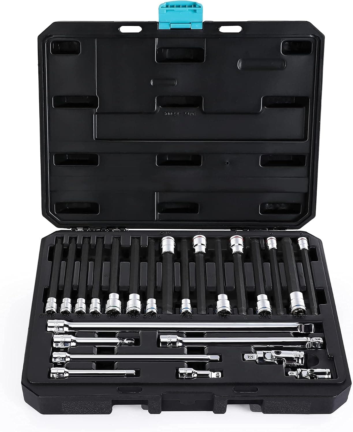 DURATECH 24-Piece Extra Long Bit Socket Set, 1/4'' and 3/8'' Drive, Torx and Allen Bit Sockets, with 6 Socket Extension Bars, 2 Universal Joints, Molded Case Included