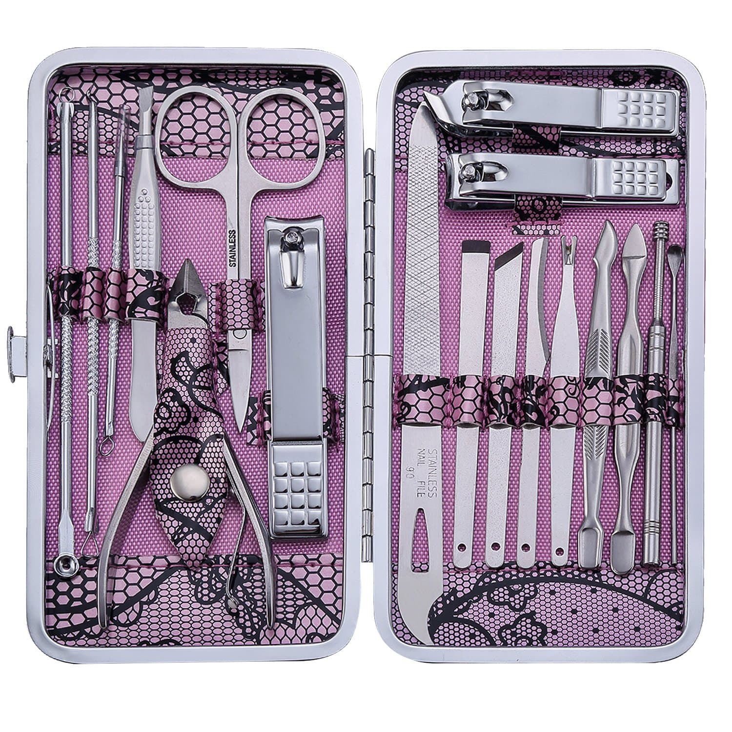 Manicure Set Nail Clippers 18 Piece Stainless Steel Nail Kit, Professional Grooming Kit, Pedicure Tools with Travel Case (Pink)