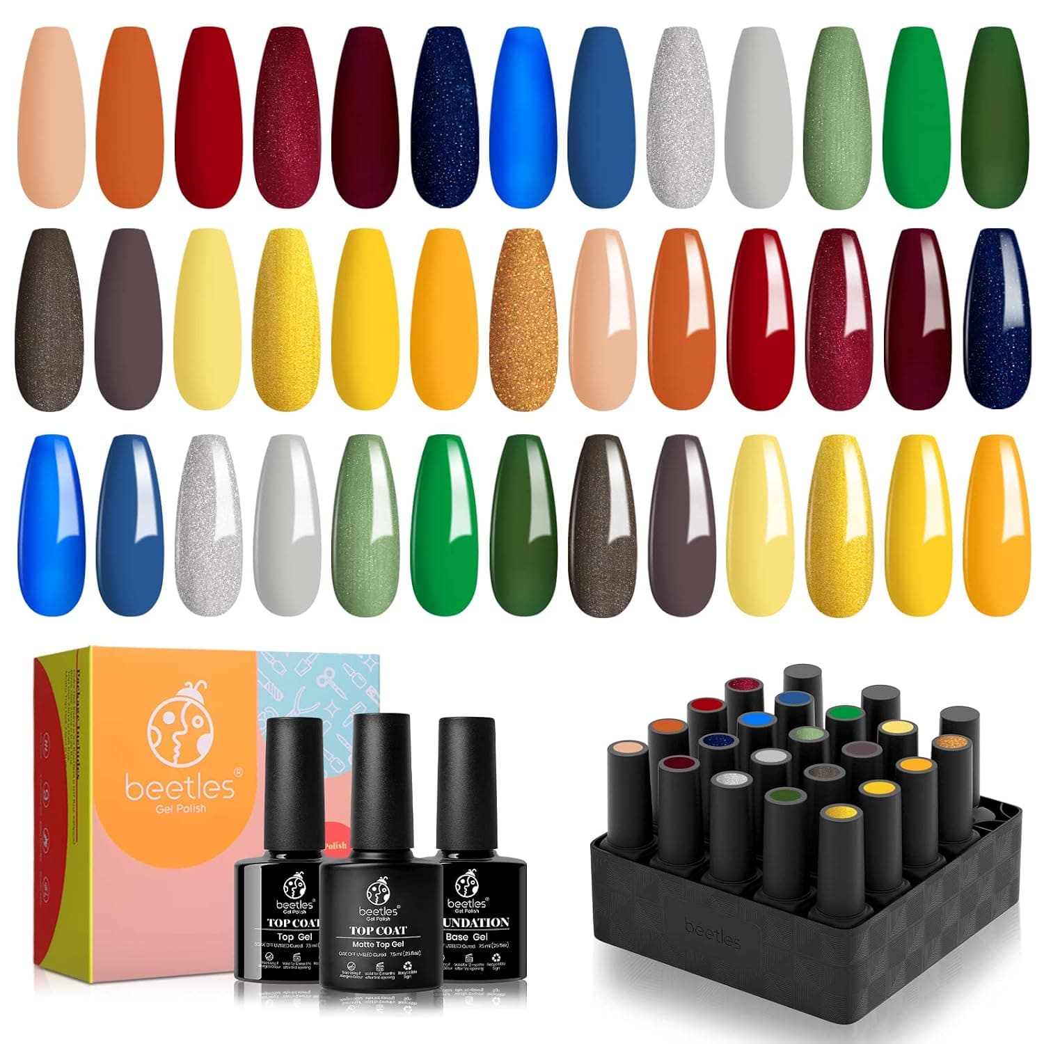 Beetles 20 Pcs Gel Nail Polish Set-Magic Academy Collection Winter Spring Orange Yellow Green Blue Gel Polish Soak Off LED Nail Lamp Base Top Coat Glitter Gel Nail Kit Mother's Gifts for Women