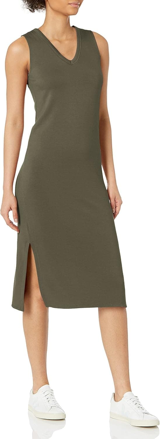 Amazon Essentials Women's Supersoft Terry Relaxed-Fit Sleeveless V-Neck Midi Dress (Previously Daily Ritual)