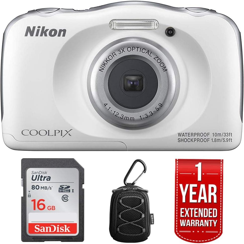 Nikon 26515B COOLPIX W100 13.2MP 1080P Digital Camera + 3X Zoom Lens, WiFi, Refurb (White) + 16GB Refurbished Bundle with 1 Year Extended Warranty