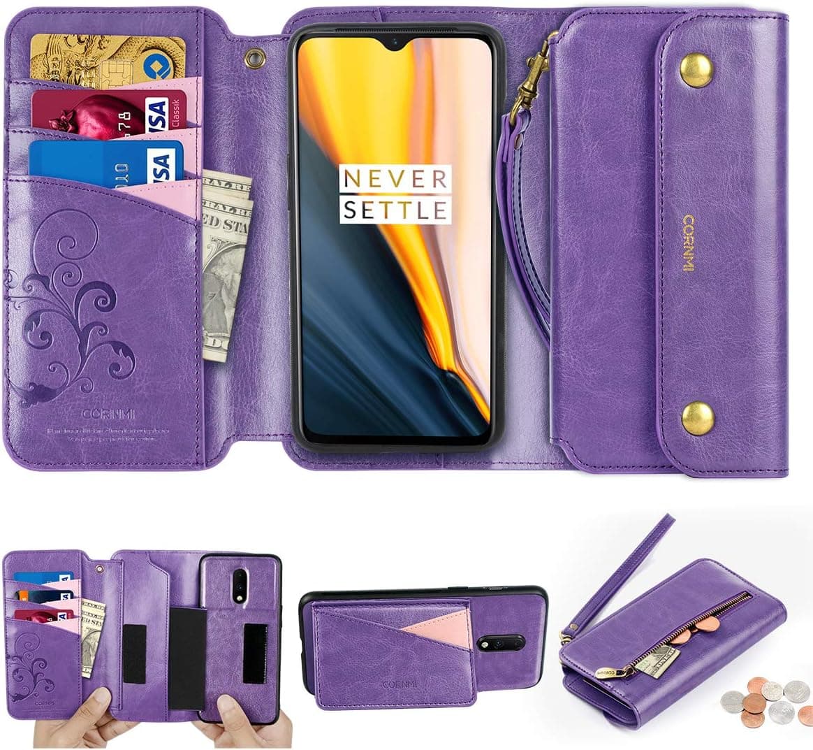 CORNMI Oneplus 7T Wallet Case, Zipper Pocket 8 Card Holders Wrist Strap kickstand Detachable Purse Leather Folio Flip Protective Cover for Oneplus 7T Purple