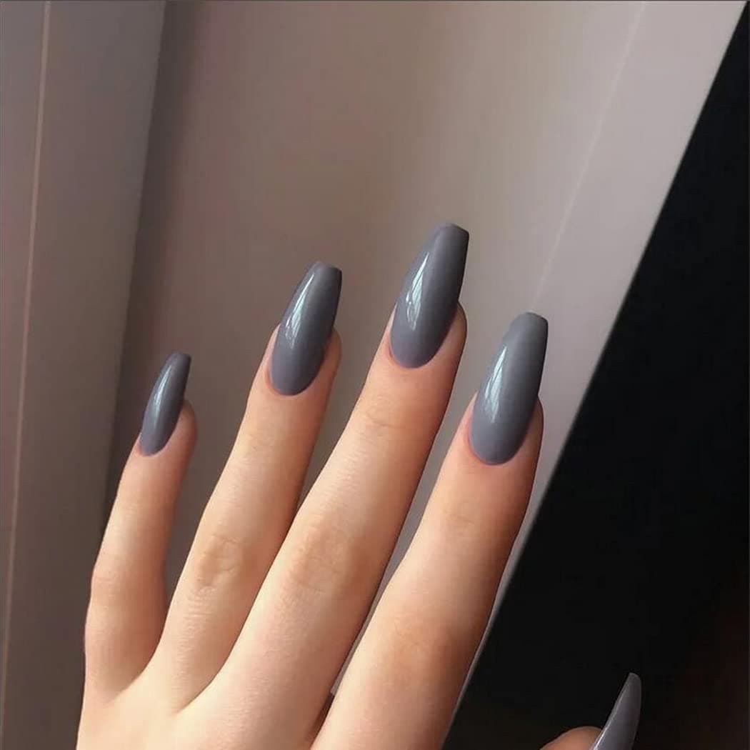 Drecode Gray Coffin False Nails Pure Color Glossy Full Cover Aryclic Long Ballernia Fake Nail Daily Party Clip Press On Nails for Women and Girls（24Pcs)(Light gray)
