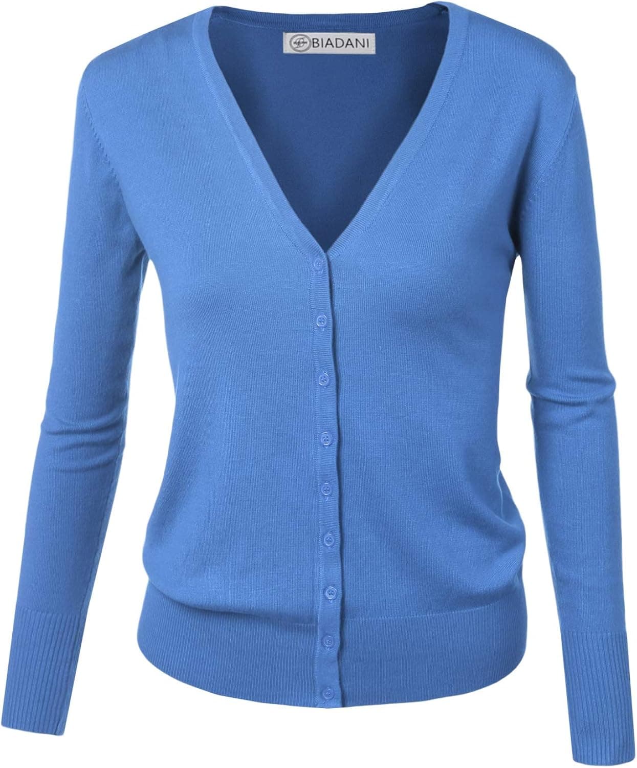 BIADANI Women Button Down Long Sleeve Soft V-Neck Cardigan Sweater Cobalt Blue Large