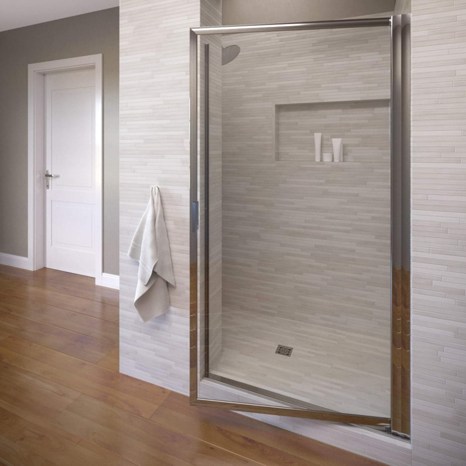 Basco Sopora 27.75- 29.5 in. Width, Pivot Shower Door, Clear Glass, Silver Finish