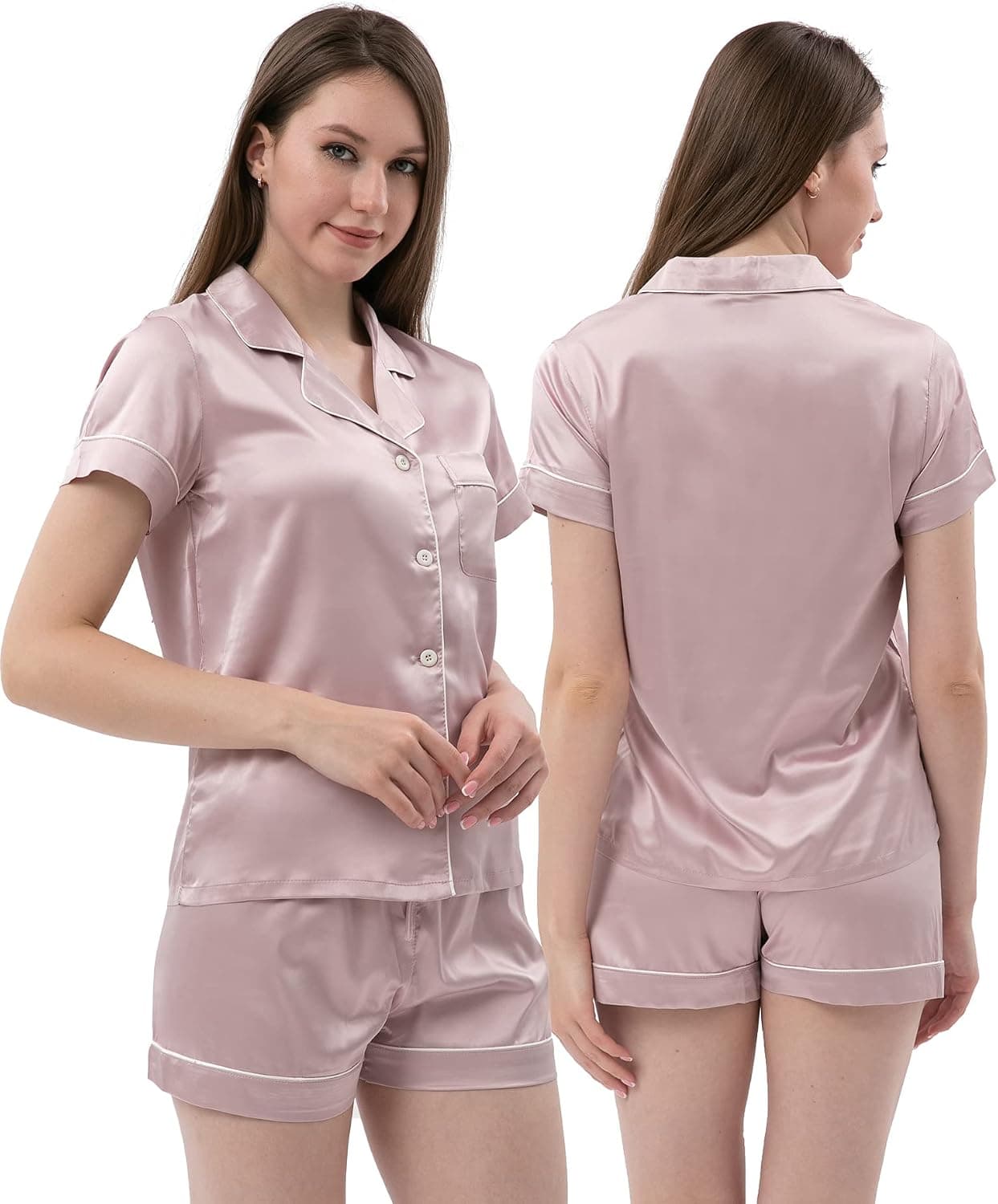 VeiOh Womens Silk Satin Pajamas Set Two-Piece Pj Sets Short Sleeve Sleepwear Button-Down Loungewear Pj Sets
